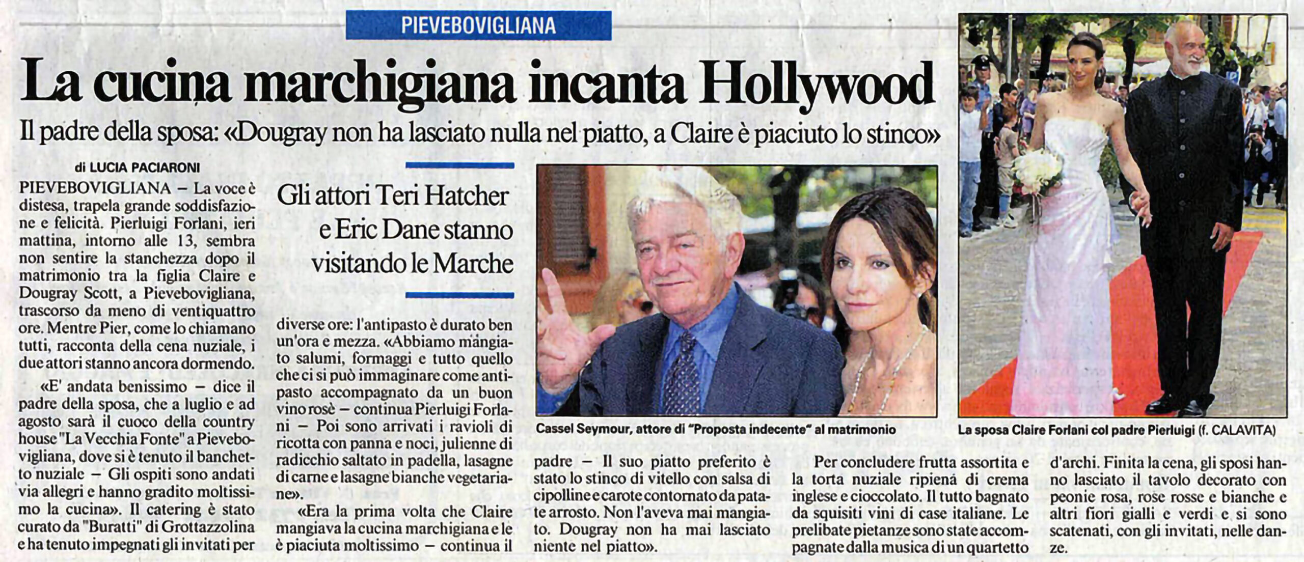 Articolo di giornale sul matrimonio Claire Forlani a Pievebovigliana con dettagli catering marchigiano e menu tradizionale