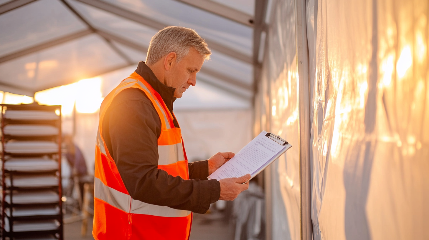 Tecnico verifica tensostruttura certificata e attrezzature catering prima dell'evento