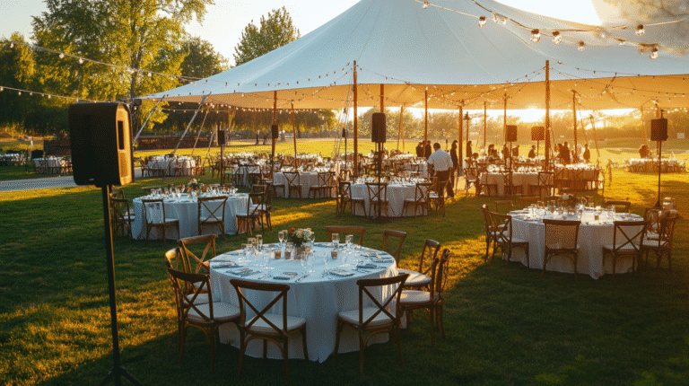 Allestimento professionale evento con sedie │ │ eleganti, tensostrutture certificate e │ │ illuminazione ambientale