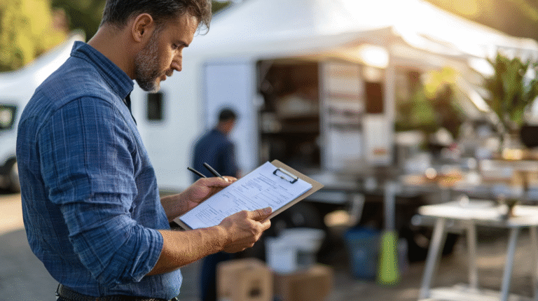 FAQ catering: organizzatore che verifica checklist │ │ cucine mobili e attrezzature eventi prima del │ │ servizio