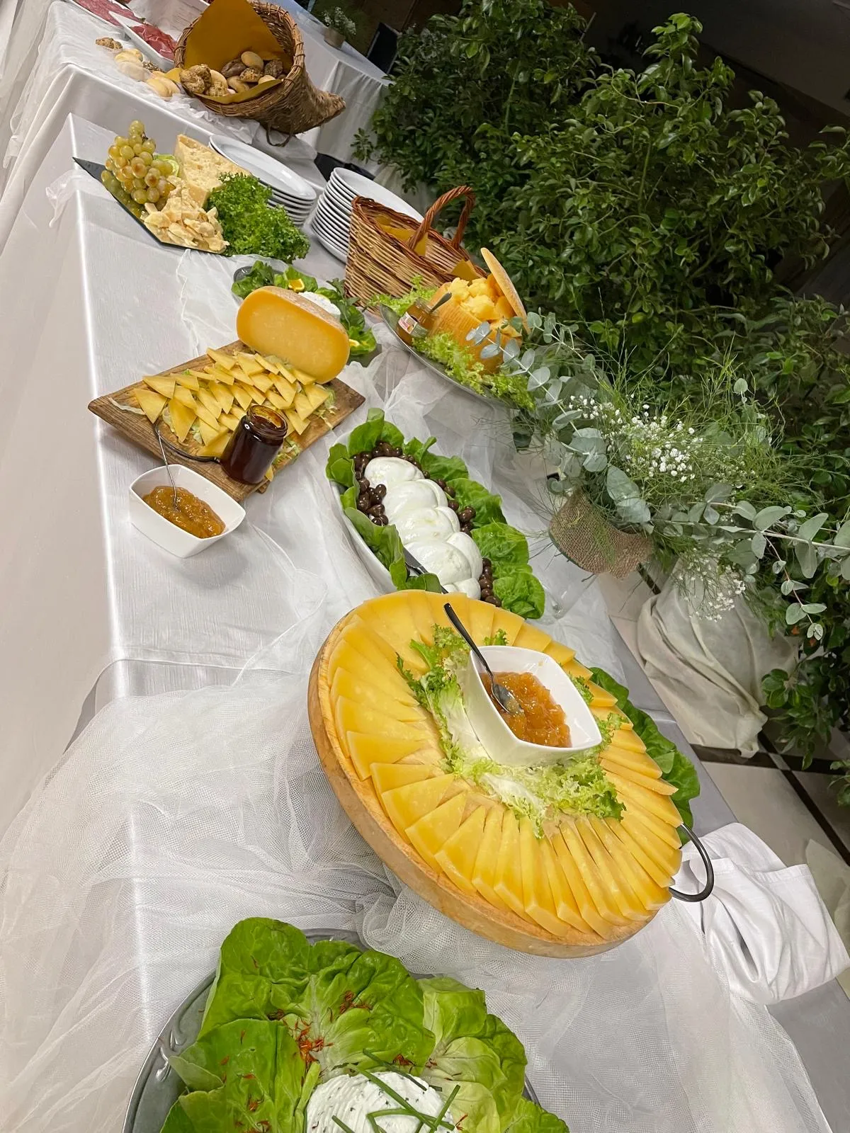 Lungo buffet con formaggi, mozzarelle, verdure e pane su tovaglia bianca per catering matrimonio in sala