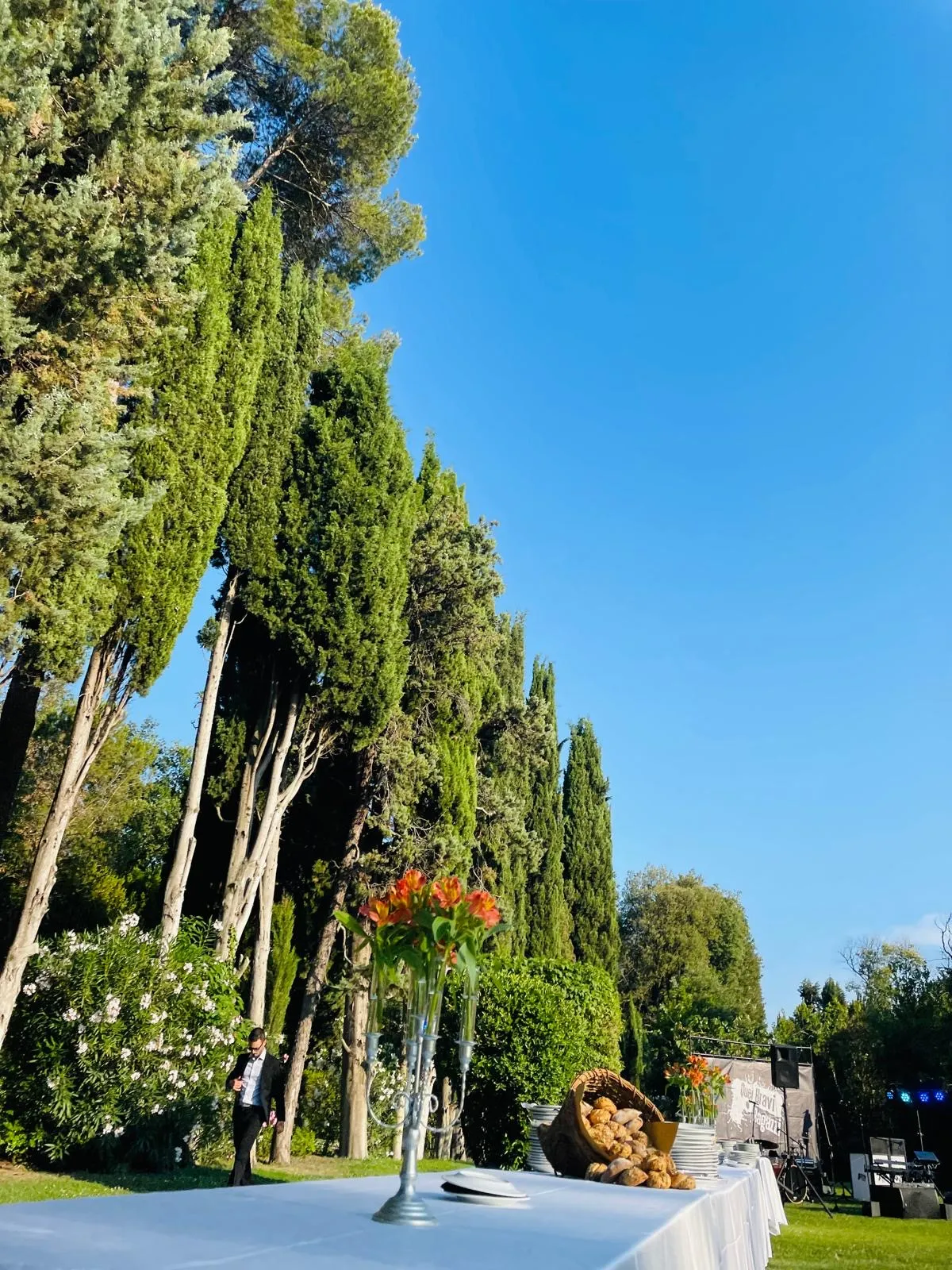 Allestimento catering Buratti in giardino con tavolo buffet e alberi sullo sfondo