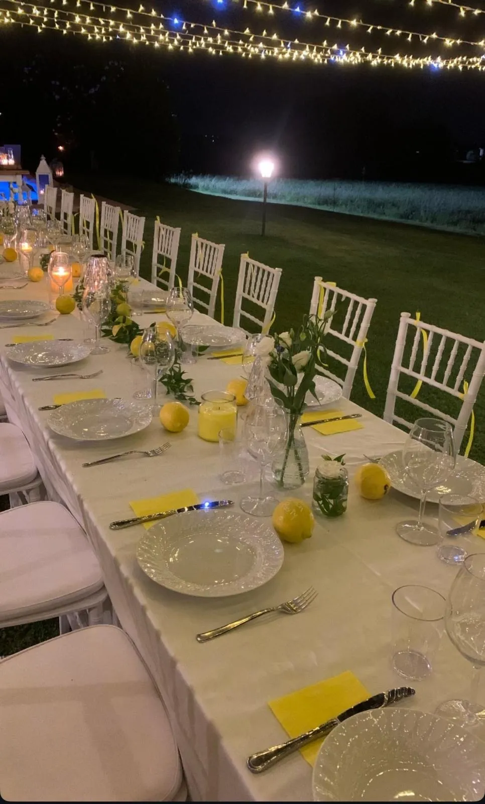 Lunga tavolata imperiale all'aperto illuminata da fili di luci per cena di matrimonio