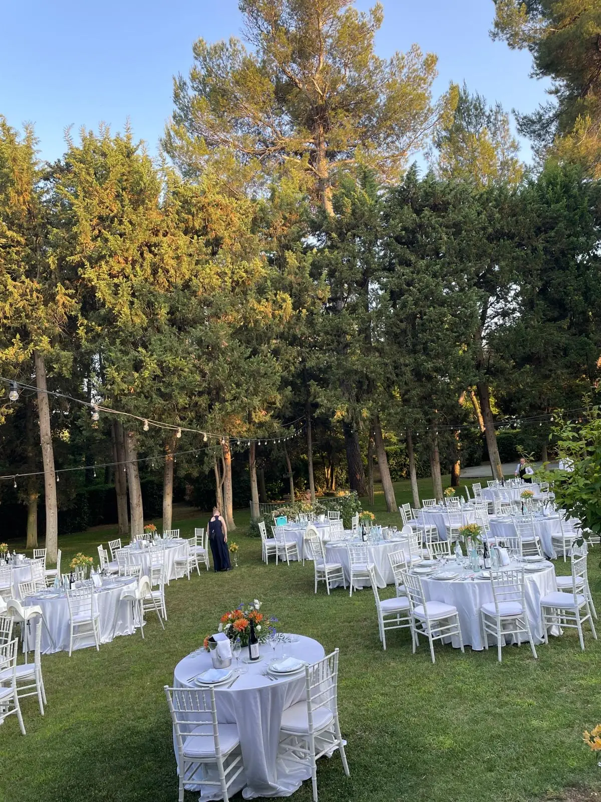 Tavoli apparecchiati tra gli alberi con mise bianca essenziale in giardino