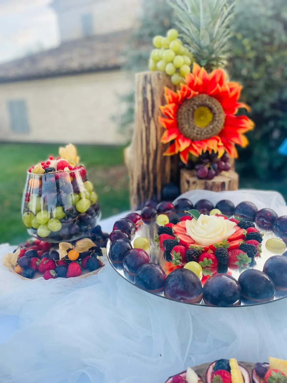 Buffet frutta con rosa scolpita su specchio e frutti di bosco freschi