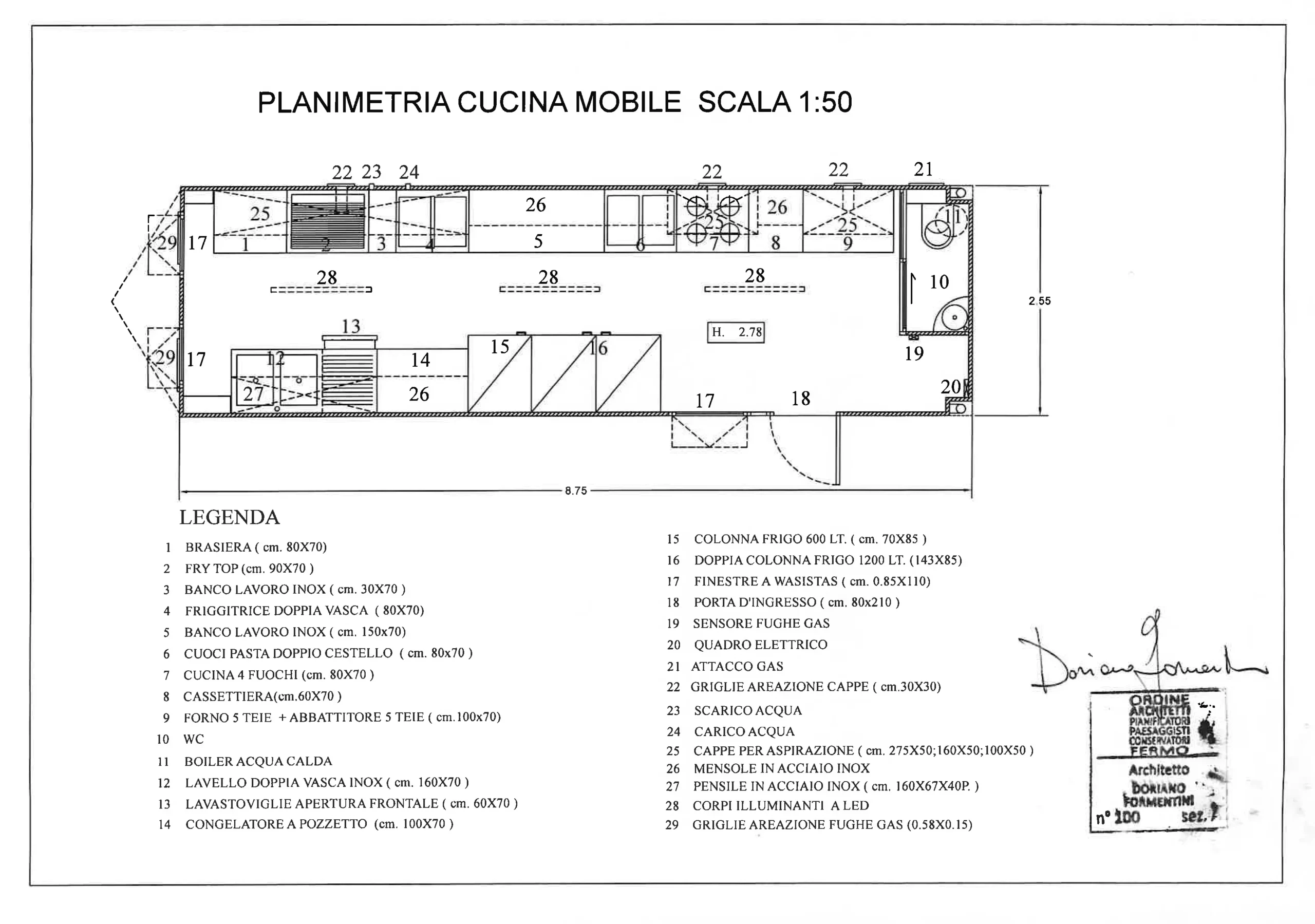 Planimetria tecnica del container cucina mobile N.11 con disposizione interna