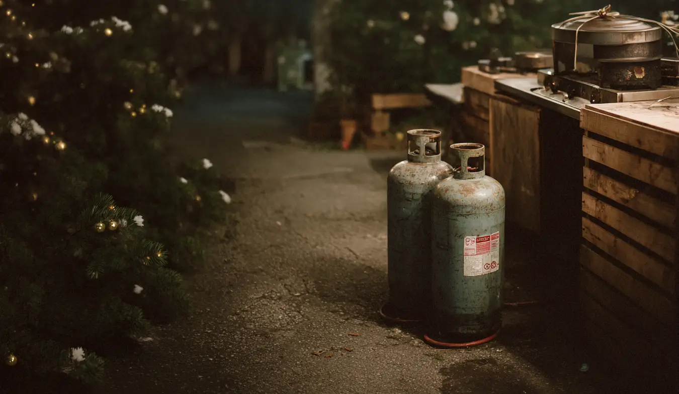 Bombole GPL posizionate a terra senza protezioni dietro un bancone di sagra — violazione normativa sicurezza eventi