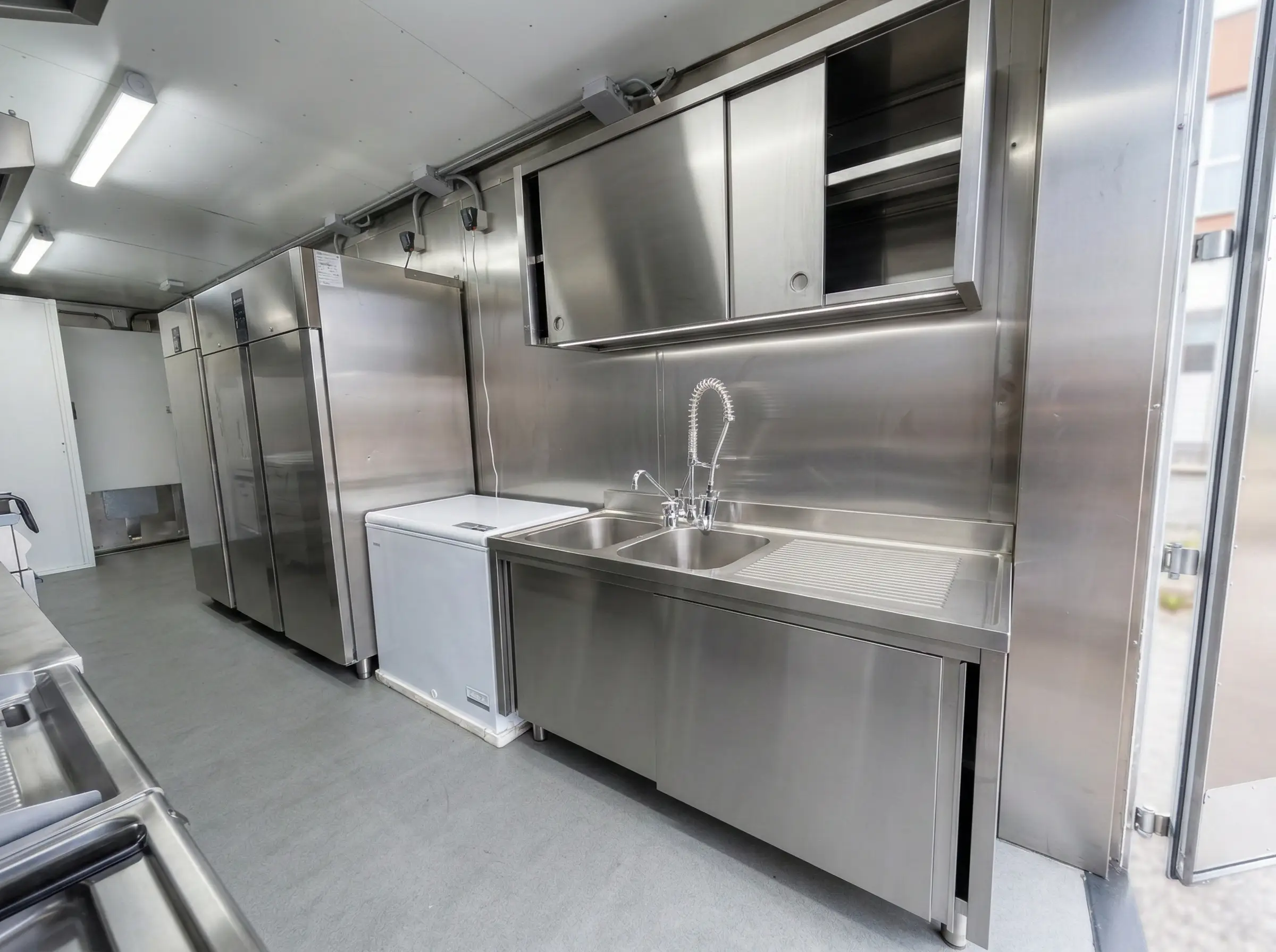Lavastoviglie frontale 60×70 e lavello doppia vasca inox 160×70 cm — cucina mobile E-GO N.12 Buratti Catering