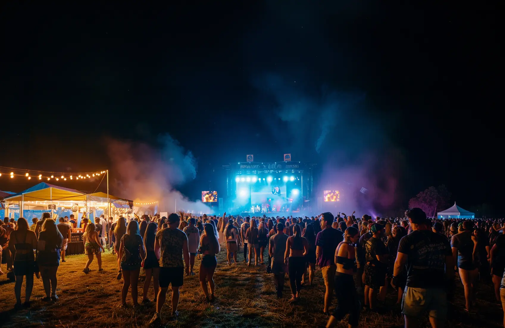 Folla vista di spalle a un festival musicale notturno con area street food illuminata e palcoscenico sullo sfondo