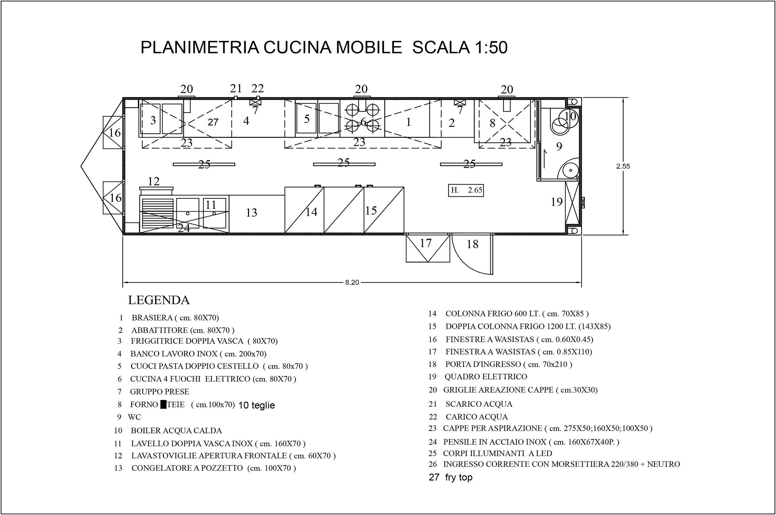 Planimetria tecnica cucina mobile container elettrica E-GO N.12 Buratti Catering — layout interno 8,20 × 2,55 m con disposizione linea cottura, freddo e lavaggio