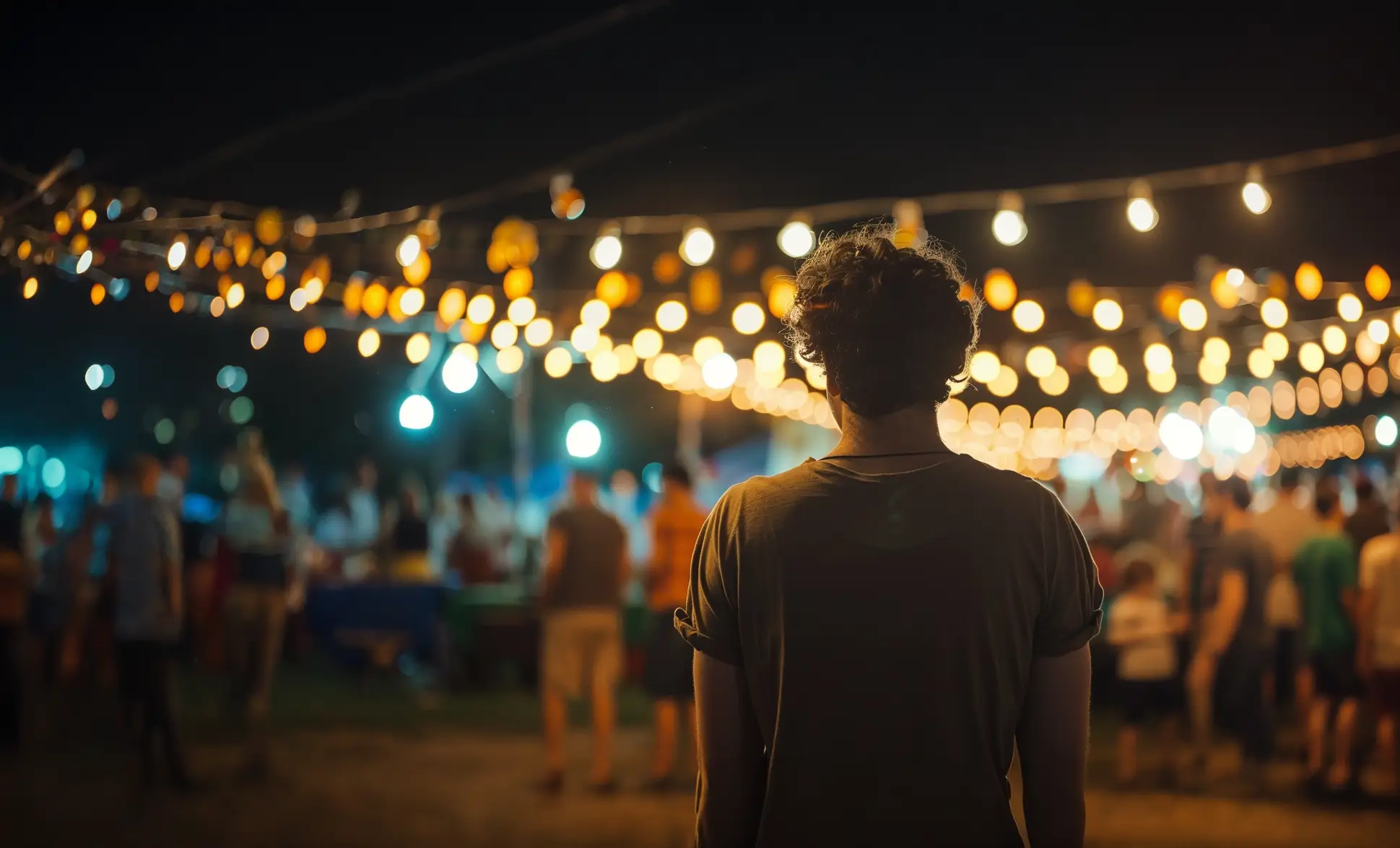 Giovane che osserva l'area street food di un festival notturno — il momento in cui nasce la voglia di iniziare