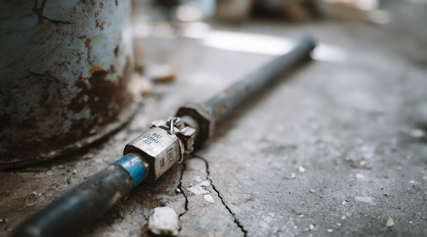 Tubo flessibile GPL deteriorato e collegato male in una cucina mobile a gas — rischio fuga di gas agli eventi