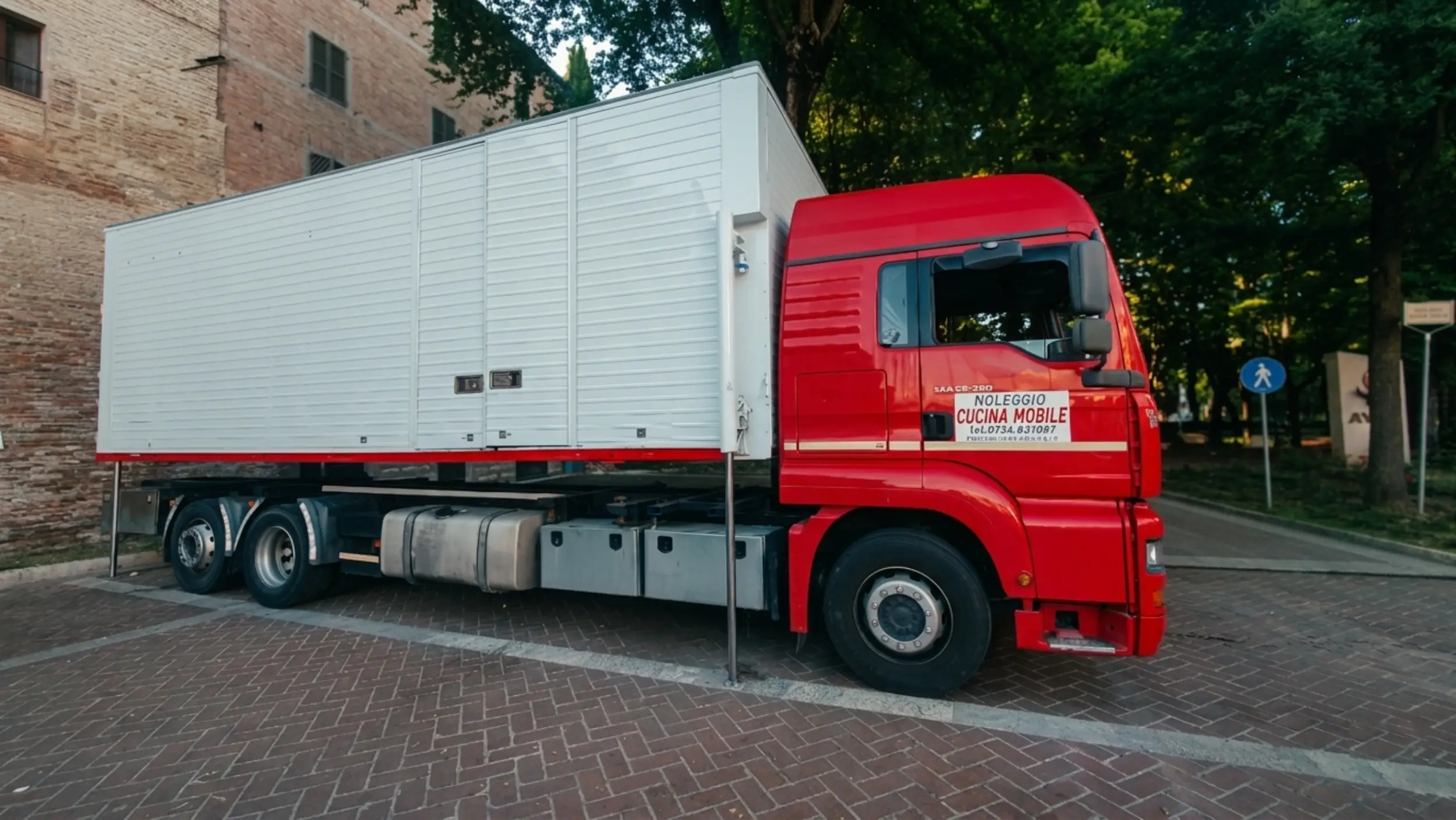 Cucina mobile container a gas N.8 Buratti Catering — fase iniziale dello scarico, container ancora sul camion con stabilizzatori idraulici in estensione